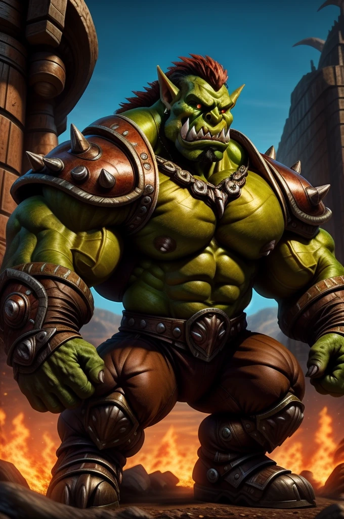 green hyper muscular orc warrior wearing battle armor, bara chest, aggressively flexing, most muscular pose, detailed skin, skin blemishes, lighting should be warm and inviting, casting a soft glow and highlighting the rich colors of his flesh, background cinematic Hollywood movie style, light depth of field, vignette, highly detailed, high budget