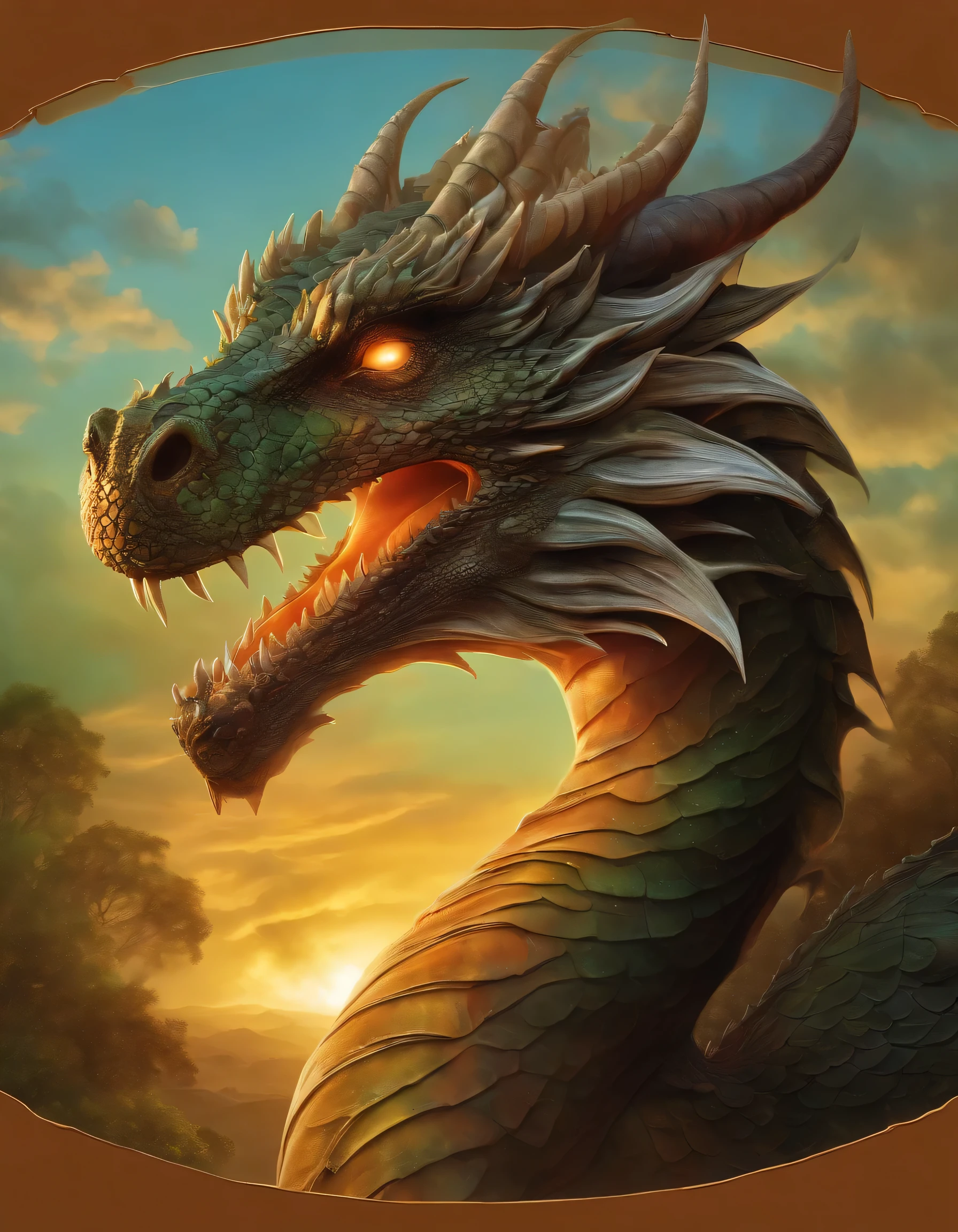 a breathtaking scene in a vast, open meadow, where the sun dips below the horizon, casting an ethereal golden light on the lush, green grass. In the center of this tranquil landscape, a vibrant tie-dye circle appears, its colors swirling and blending seamlessly into one another. Within this tie-dye circle, a majestic and ancient dragon rests, its black and silver scales shimmering like metal under the warm hues of the setting sun. This dieselpunk retro dragon, adorned with an exorcist-style aura, has eyes that emit an eerie, pure white light, giving it a mysterious and captivating presence. The dragon's powerful wings, with intricate patterns of gears and pistons, are spread wide, as its tail coils elegantly around a weathered, rusty exhaust pipe. The dragon's breath emits a thick, smoky diesel fume, creating a striking contrast against the serene and vibrant tie-dye backdrop, capturing the essence of both the retro-futuristic dieselpunk aesthetic and the mystical, spiritual allure of the exorcist-style dragon.