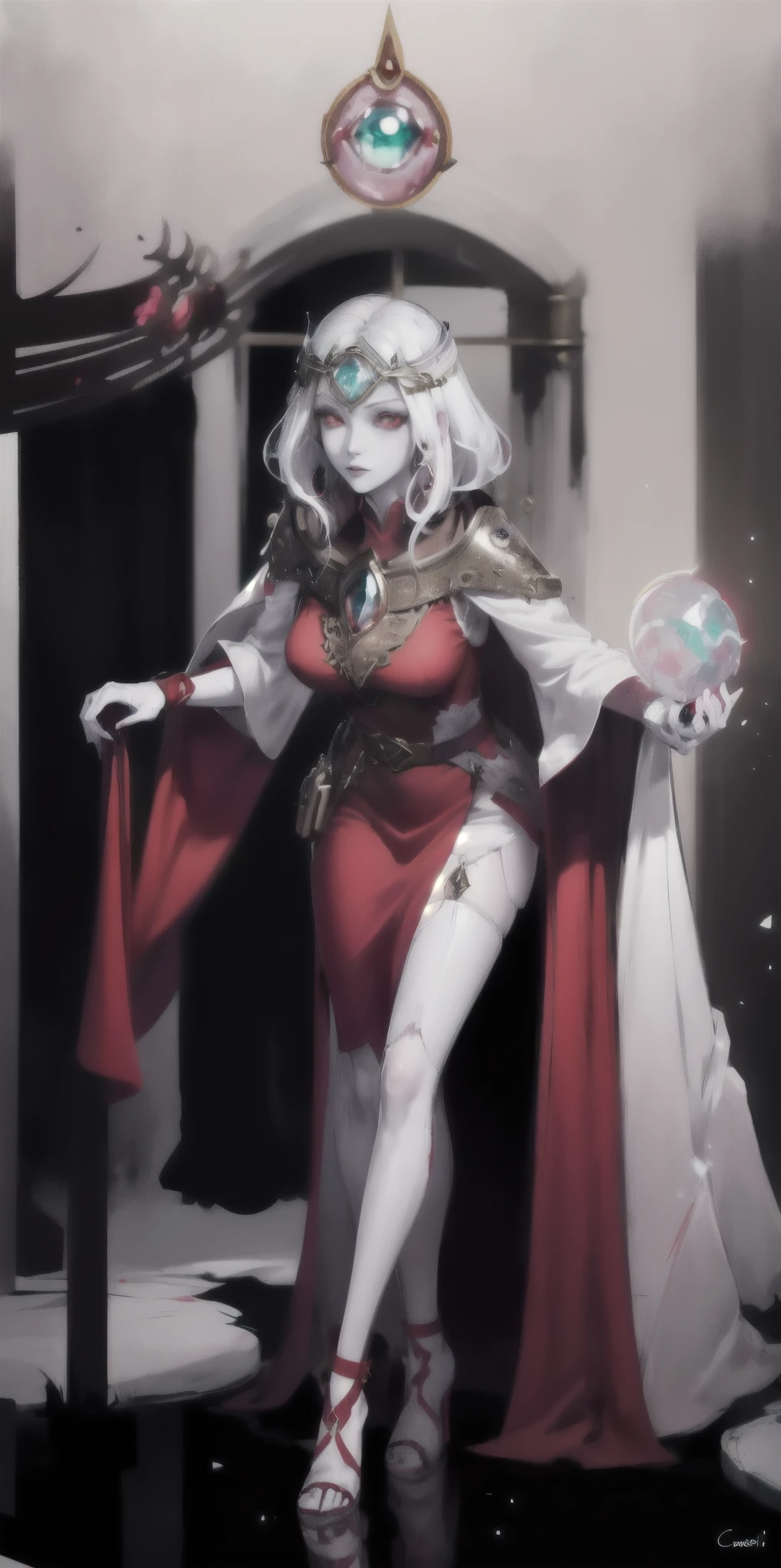 best quality, masterpiece, 1girl, perfect face, detailed eyes, perfect pale white skin ((Cassia Orsellio, colored skin, white hair, red eyes, gem, circlet, jewelry)) long red dress, red cape, red heels, red gloves gauntlets, full body toe to head