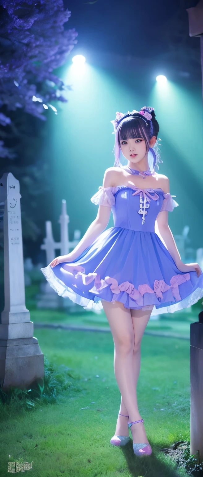 A cute and fairytale-like idol ninja girl、whole body、Good style、、、、、、、、、、Thick legs、、Fluorescent blue and pink ghost dress、Neat and clean idol face、A fairytale cemetery(Glowing)
