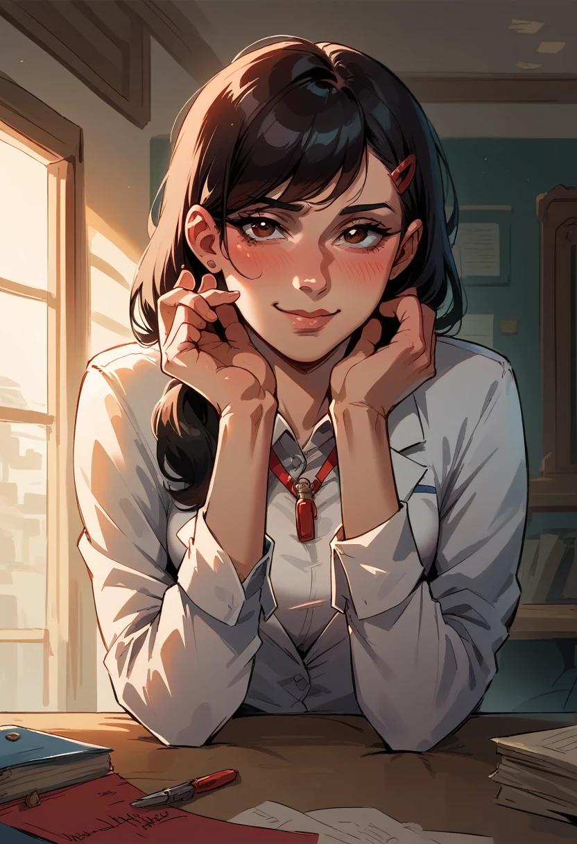 NSFW, hentai, underwear, Masterpiece, The best quality, ultra detailed, illustration, epic lighting, film-like composition, Isometric, 1girl, only, beautiful, brown eyes, black hair, swept bangs, Single side lock, red clamp, charming look, Captivating pose, inside, office, Thrudr, Opening by, looking at the viewer, peeking out of the upper part of the body, blush, seductive smile, Closed mouth,(8k:1.1),