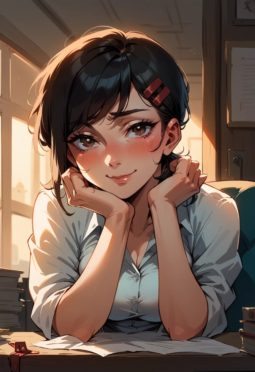 NSFW, hentai, underwear, Masterpiece, The best quality, ultra detailed, illustration, epic lighting, film-like composition, Isometric, 1girl, only, beautiful, brown eyes, black hair, swept bangs, Single side lock, red clamp, charming look, Captivating pose, inside, office, Thrudr, Opening by, looking at the viewer, peeking out of the upper part of the body, blush, seductive smile, Closed mouth,(8k:1.1),