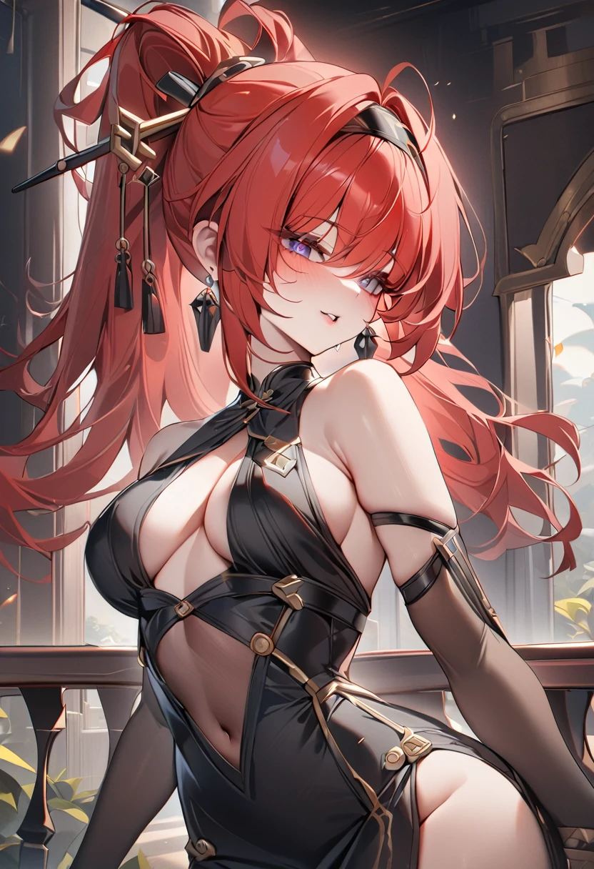 (masterpiece, best quality), 1girl, YInlin, black dress, hairband, detached elbow gloves, hair stick ornament, earring,red hair