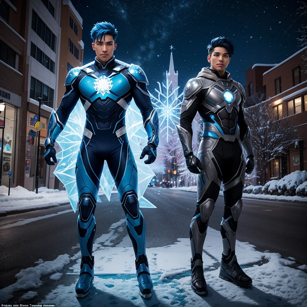 Full body view of a bi-racial blue haired boy and brown eyes wearing an ice themed superhero suit with a snowflake in the center of his suit in the streets of Albuquerque New Mexico
