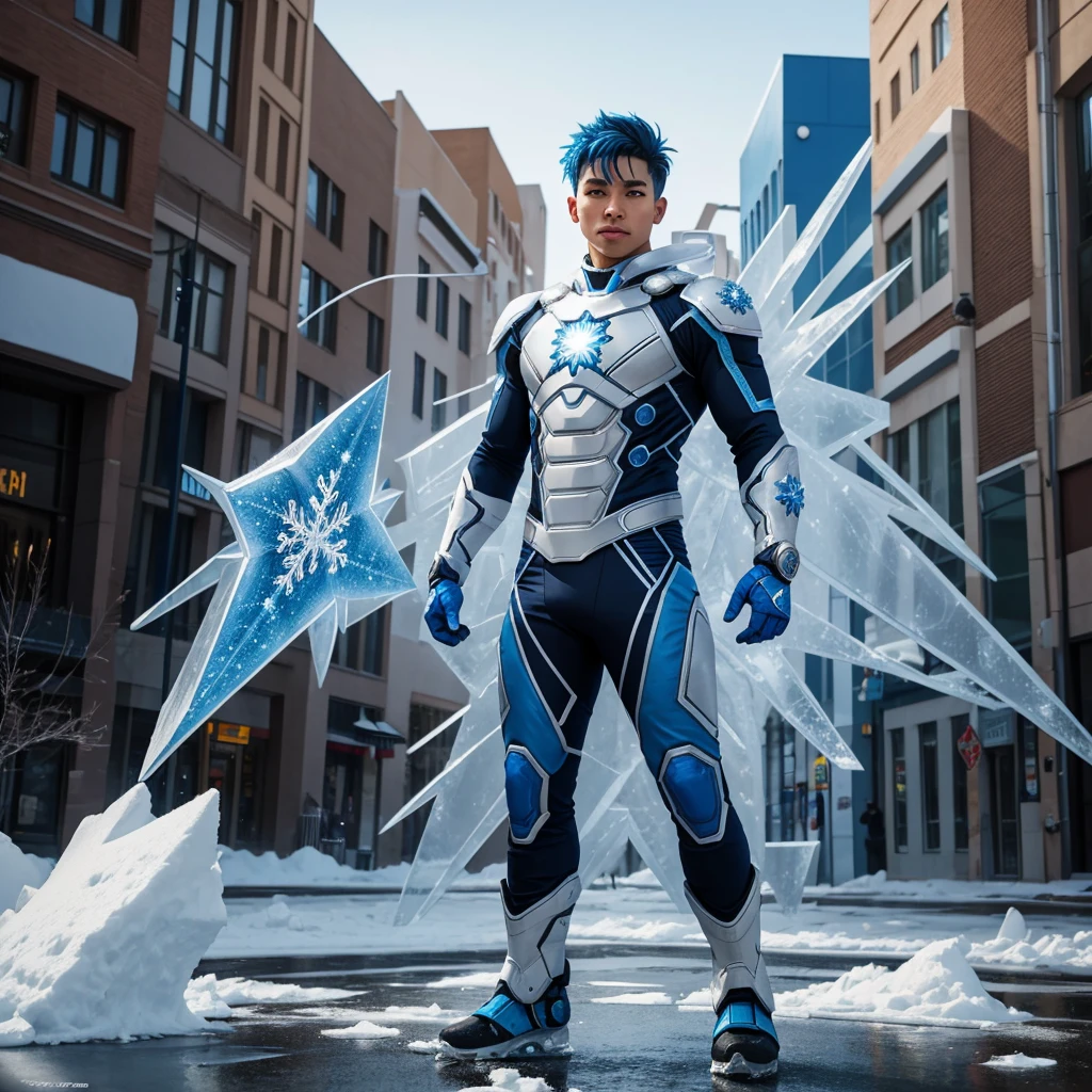 Full body view of a bi-racial blue haired boy and brown eyes wearing an ice themed superhero suit with a snowflake in the center of his suit in the streets of Albuquerque New Mexico