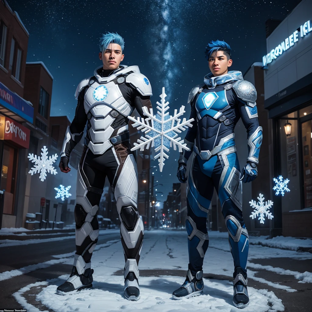 Full body view of a bi-racial blue haired boy and brown eyes wearing an ice themed superhero suit with a snowflake in the center of his suit in the streets of Albuquerque New Mexico
