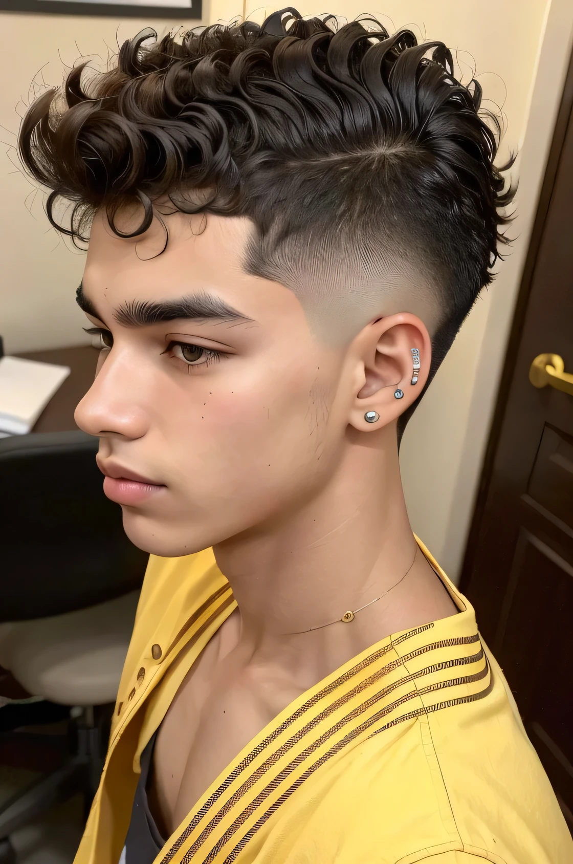 A 15 year old Brazilian man with thin messy curly hair shaved on the sides but not on the back of the head with pimples and gold earrings wide nose thick eyebrows