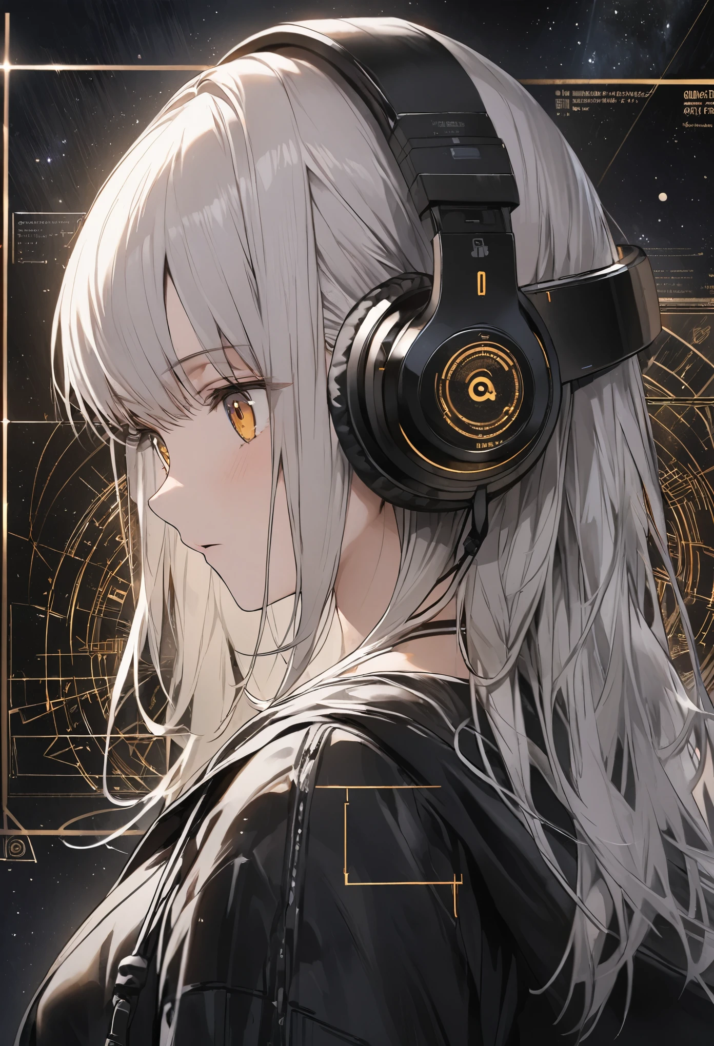 A woman operating a transparent touch panel monitor in the space in front of her face、Silver Hair、Semi-long hair、Wearing cool headphones,{{{{{{{{ Oversized black hoodie }}}}}}}},Beautiful and delicate golden eyes,thought,Black clothes, Detailed Background, Golden Ratio, High-definition writing, 