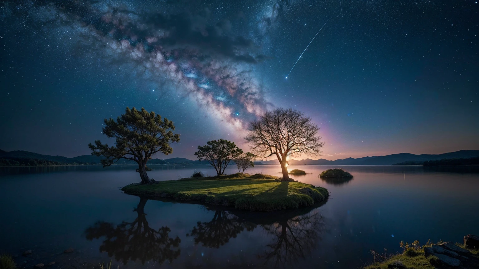 world Tree,Remains,Large Lake,The stars twinkle,Vast Nature,Mystical Gemstones