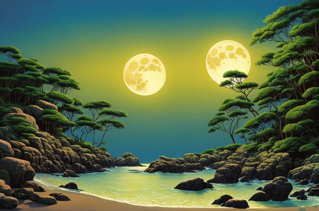 painting of a full moon over a beach with rocks and trees, michael whelan and gustave done, by Eyvind Earle, by Chris Moore, inspired by Michael Whelan, micheal whelan, by Michael Whelan, chris moore”, michael whelan and gustave dore, by Ken Danby, wayne barlowe pierre pellegrini, darrell k sweet, michael whelan art, moonlit ocean