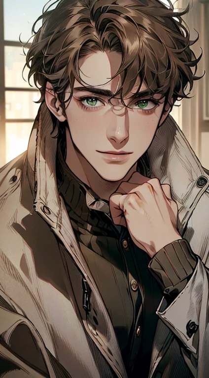 (best quality,4k,8k,highres,masterpiece:1.2),ultra-detailed,(realistic,photorealistic,photo-realistic:1.37),cinematic lighting,1:4 hdr image,a mature man, 29 years old,very handsome,cold expression smile in love, short grey brown hair, green eyes,flawless face,buttoning his jacket,CEO