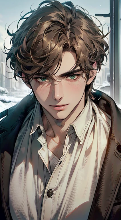 (best quality,4k,8k,highres,masterpiece:1.2),ultra-detailed,(realistic,photorealistic,photo-realistic:1.37),cinematic lighting,1:4 hdr image,a mature man, 29 years old,very handsome,cold expression smile in love, short grey brown hair, green eyes,flawless face,buttoning his jacket,CEO