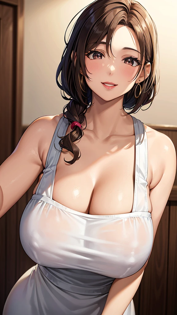 Female 26 years old,housewife,Sunlight,Smile,put on lipstick,light brown short curly hair,Tie a ponytail on the left side,Slightly plump,half moon earrings,Close-up photo of face,Home apron,Huge breasts,gold necklace,Round neck white top