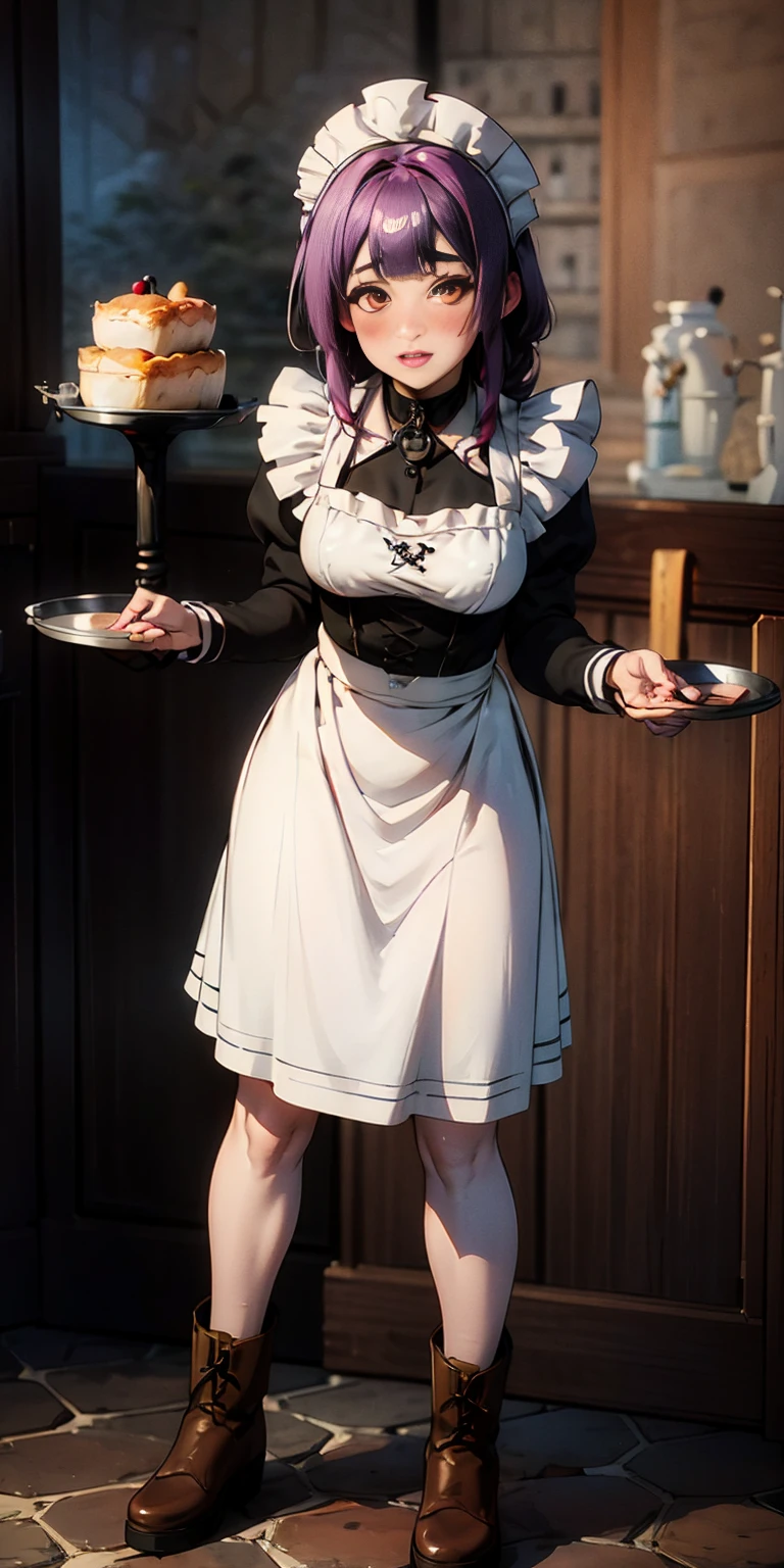 full body standing straight symmetrical, lustful smirking smile face red blush red cheeks, looking at viewer, holding tray, braid, maid headdress, maid, dress, apron, long sleeves, brown pantyhose, long leather militar boots, thighs, long white hair, masterpiece