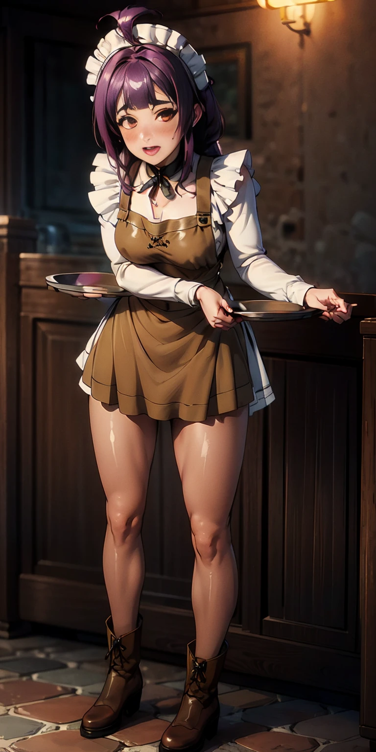 full body standing straight symmetrical, lustful smirking smile face red blush red cheeks, looking at viewer, holding tray, braid, maid headdress, maid, dress, apron, long sleeves, brown pantyhose, long leather militar boots, thighs, long white hair, masterpiece