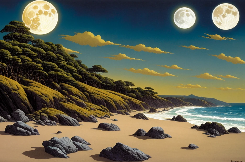 painting of a full moon over a beach with rocks and trees, an airbrush painting by Eyvind Earle, deviantart, fantasy art, michael whelan and gustave done, micheal whelan, chris moore”, michael whelan and gustave dore, wayne barlowe pierre pellegrini, darrell k sweet, michael whelan art, moonlit ocean, jim warren, stunning moonlight and shadows