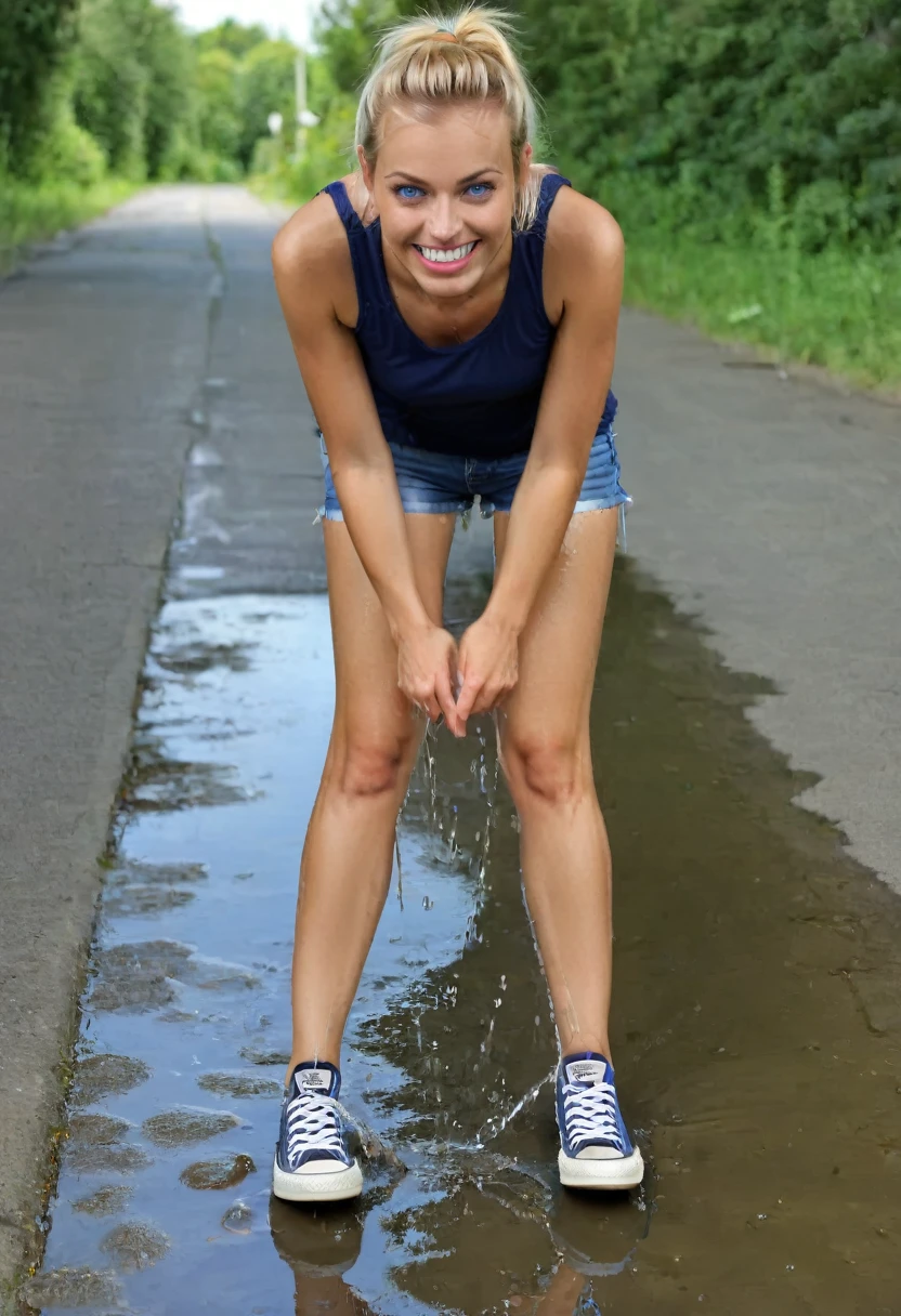 blonde woman, blue eyes, inviting smile, skinny jeans, converse chuck sneakers, tank top, peeing shorts, pee runs down legs into sneakers, pee puddles around sneakers, pee stains are gleaming wet, sneakers are soaking wet