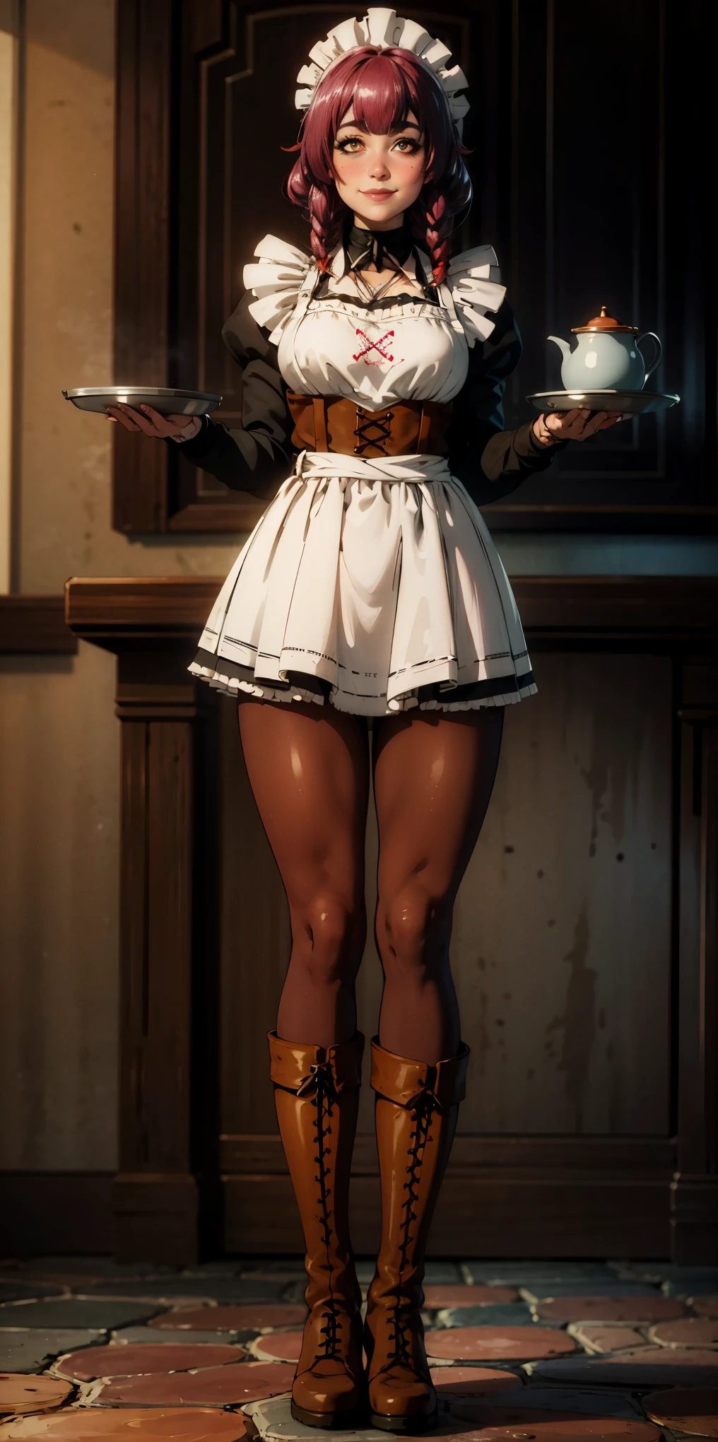 full body standing straight symmetrical, lustful smirking smile face red blush red cheeks, looking at viewer, holding tray, braid, maid headdress, maid, dress, apron, long sleeves, brown pantyhose, long leather militar boots, thighs, long white hair, masterpiece