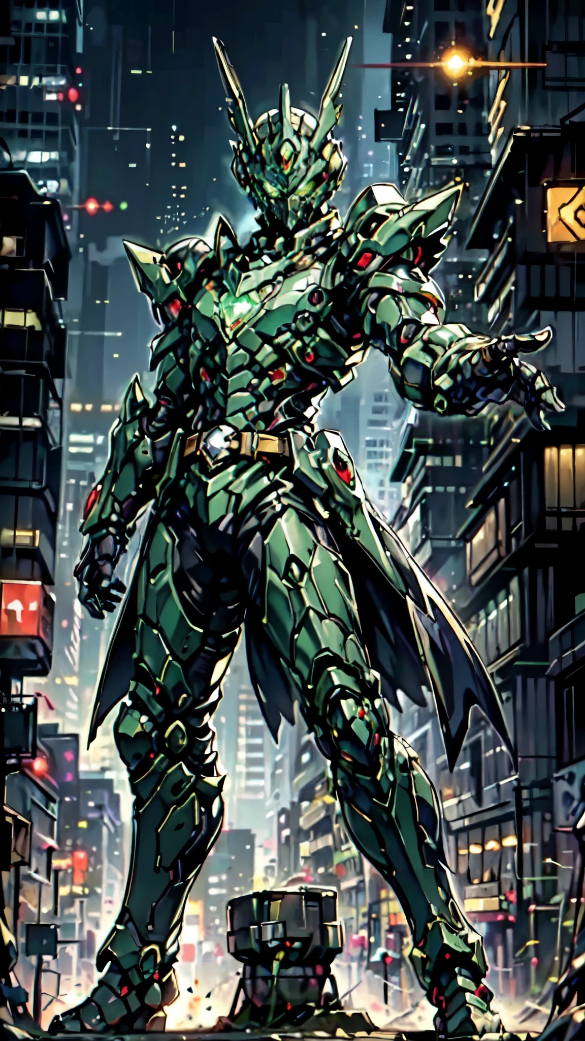 (masterpiece:1.5, best quality:1.5, extremely delicate:1.5, foreshortening:1.5, dynamic angle:1.5), a man wearing a full-face helmet, a fantasy-style biotech armored combat suit, green eyes, (a composite layered chest armor), fully enclosed shoulder guards, matching arm and leg guards, the belt is adorned with neon circuitry, (the color scheme is primarily black glow with green and red accents), the design balances heavy with agility, a high-tech bio-mecha armor, (Armor Concept Inspired by neon Cyberpunk, stand on the top of a skyscraper in a futuristic sci-fi city), this character embodies a finely crafted fantasy-surreal style armored hero in anime style, exquisite and mature manga art style, (element, plasma, energy, the armor glows), ((male:1.5)), metallic, high definition, highres, ultra-detailed, ultra-fine painting, professional, perfect body proportions, golden ratio, anatomically correct, symmetrical face, extremely detailed eyes and face, high quality eyes, creativity, RAW photo, UHD, 32k, Natural light, cinematic lighting, masterpiece-anatomy-perfect