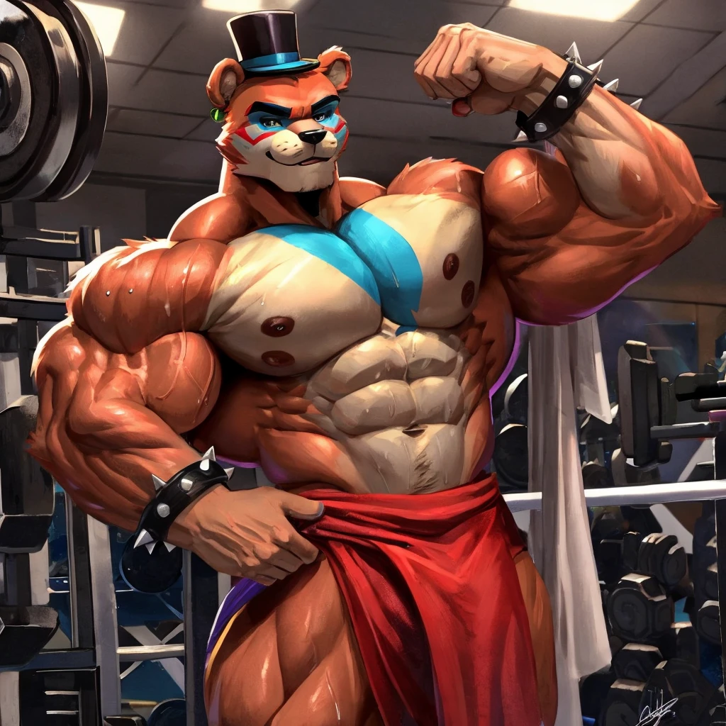Glamrock overly muscular adult Freddy wears a towel on his waist sweaty in the GYM flexing his muscles with a self-assured sexy and flirtatious look