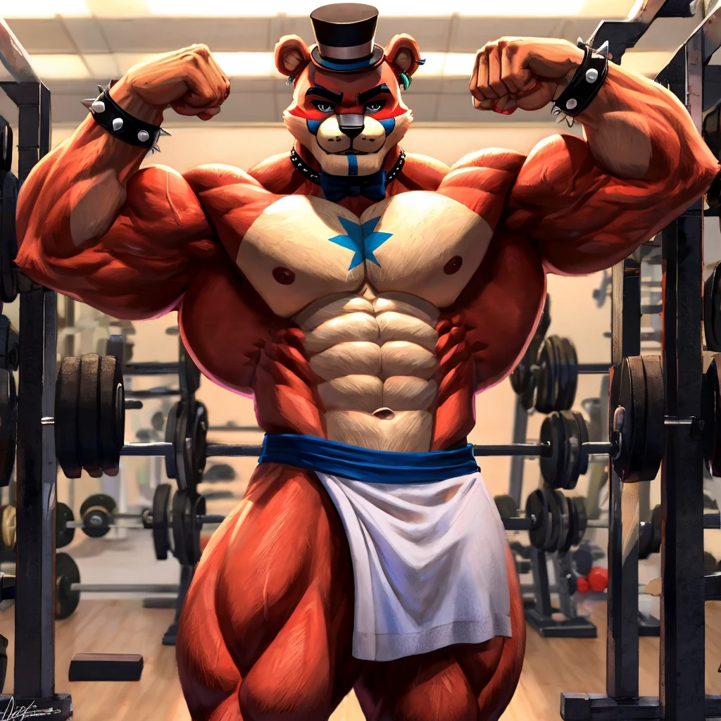 Glamrock overly muscular adult Freddy wears a towel on his waist sweaty in the GYM flexing his muscles with a self-assured sexy and flirtatious look
