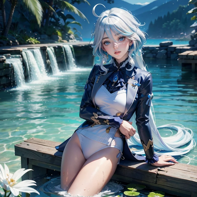 BREAK Perfect Anatomy、Highest quality、(cute:1.1)、(cute)、(High resolution:1.2)、Unbelievably absurd:1.3、Incredible illustrations、(cuteイラスト:1.2)、nsfw,(Beautiful background、Pool、Planting)、1gial(Silver Hair、Wavy Hair、Long twin tails、Red Eyes、9 years old female,height 1.2meters, slim 25kg)(flat chest、Dark Skin:1.4)(High leg competitive swimsuit)(multiple views)