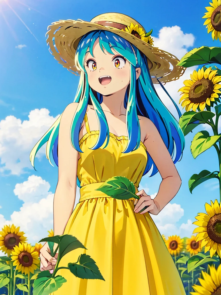 (masterpiece、Highest quality)、1 Girl、Lum, Yellow dress, White straw hat、 Hold the hat in your hand、Squint your eyes and laugh、 Laughing with your mouth open、 Sunflower field、Are standing、 From below、 Gaze Here、 High definition