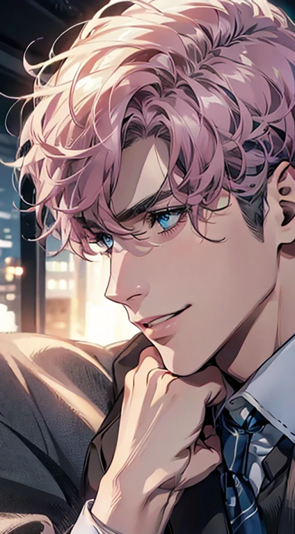(Highest quality,4K,8K,High resolution,masterpiece:1.2),Super detailed,(Realistic,photoRealistic,photo-Realistic:1.37),1 person,31 years old,Mature Men,Beautiful skin、Profile、very handsome,Expressionless,smile,Short gray pink hair,blue eyes,Sharp Eyes,A perfect face without a doubt,Businessman,Office Background,Cinema Lighting,HDR image,tie、