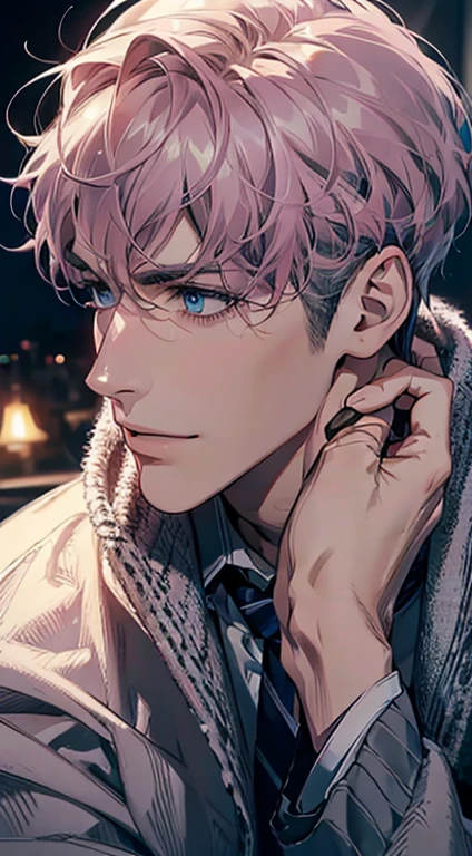(Highest quality,4K,8K,High resolution,masterpiece:1.2),Super detailed,(Realistic,photoRealistic,photo-Realistic:1.37),1 person,31 years old,Mature Men,Beautiful skin、Profile、very handsome,Expressionless,smile,Short gray pink hair,blue eyes,Sharp Eyes,A perfect face without a doubt,Businessman,Office Background,Cinema Lighting,HDR image,tie、