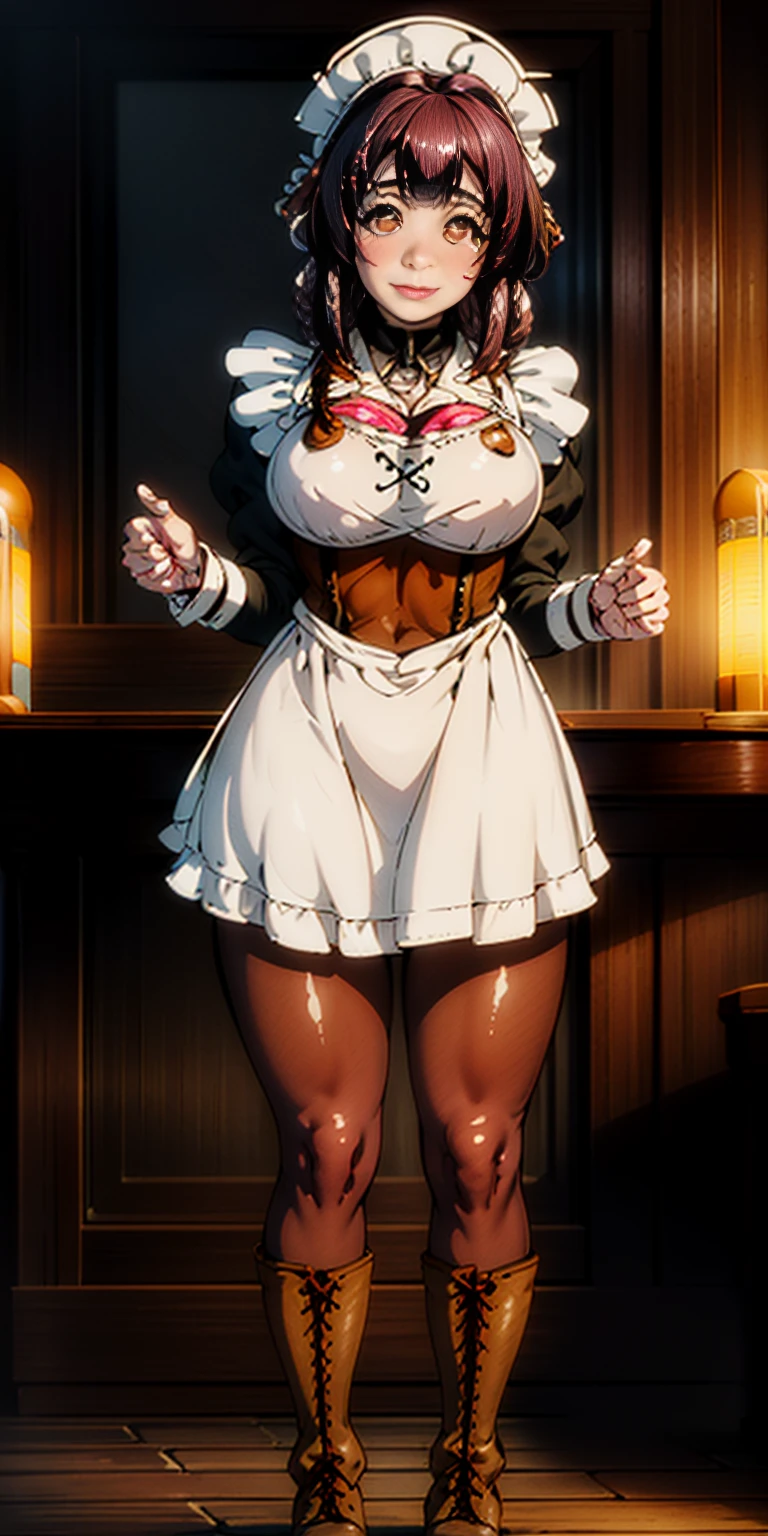 full body standing straight symmetrical, lustful smirking smile face red blush red cheeks, looking at viewer, holding tray, braid, maid headdress, maid, dress, apron, long sleeves, brown pantyhose, long leather militar boots, thighs, long white hair, masterpiece