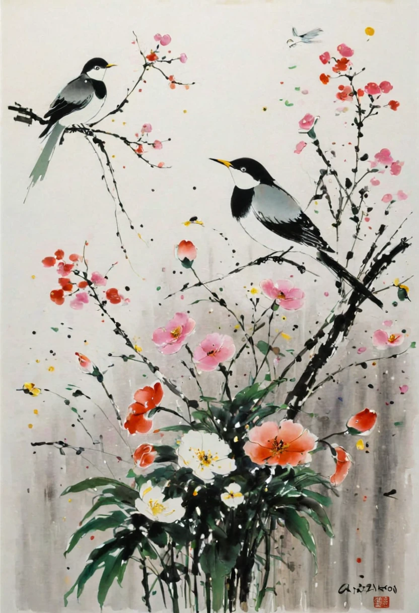 watercolor painting, flowers, bird, (by Wu Guanzhong), (best quality, masterpiece, 8k)