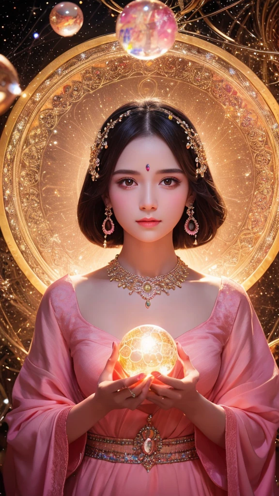 Shining young woman adorned with various gems, holding a large crystal ball in both hands, staring straight into the camera, in the center, very bright colors, light particles, shining, Musib, wallpaper art, UHD wallpaper, background pink, divination to meditate, mysterious