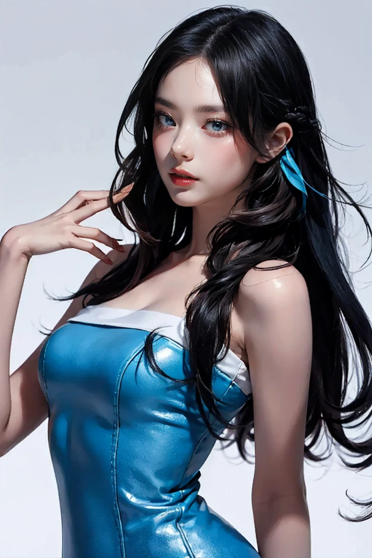 girl, Black Hair, 1980s (style), Red sleeveless dress, Long Hair,Big Breasts,Long white hair, (Browsing Caution:1.0),Tall Supermodels、Long-legged supermodel、supermodel,((Highest quality、Best image quality、Ultra-high resolution、Ultra-high resolutionで描画、solo、Please look closely at the camera、Bright aquamarine blue eyes、Very beautiful adult Nordic woman、Strong eye highlights))