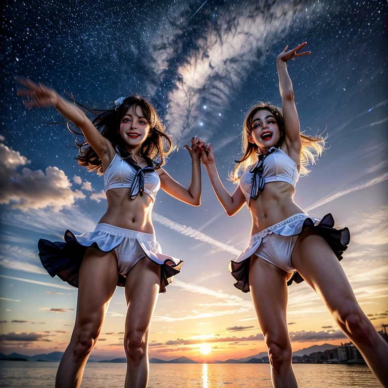 ManoErina, awaitingtongue, ((ExtremelyDetailed (12 PICHIPICHI KAWAII Girls Floating in The Air in a row:1.37) in WHITE at Dusk Enoshima Beach)), (masterpiece 8K TopQuality) (ProfessionalPhoto:1.37), {(Standing Full Body:1.2)|(from below:1.2)}, Different types of hair colors, {(skinny(SchoolSwimwear))|(SchoolUniform)with Tiny AthleticShorts}, {Detailed Childish hand|Hidden hand|Armpit|Different types of breasts of various sizes from HUGE to FLAT|(Clearly Visible the shape of Butt)}, Joyful Expressions LifeLike Rendering, PerfectLighting, (Dazzling Horizon Visible through ThighGap), (Starry IridescentParticles:1.22) ColorfulClouds