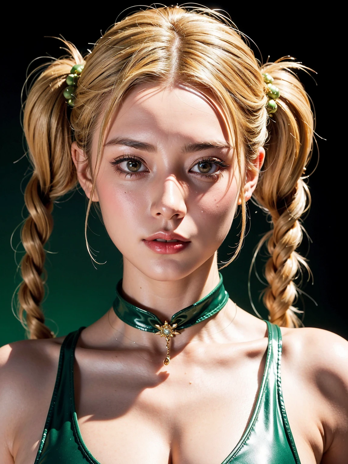 Here's the photorealistic masterpiece you requested:
A close-up portrait of an extremely sexy Italian woman, dressed in a stunning lime green latex cheongsam and hyper-puffy yellow chain swimwear, with twintails blonde hair tied up in an intricate updo hairstyle. Her huge breasts are showcased perfectly as she gazes directly at the viewer with her piercing blue eyes, complete with eyeliner and painted lips. She's adorned with gold jewelry and has a fresh, very clean appearance. The lighting is cinematic, with dynamic shadows and a deep sense of intimacy. The background is blurred out to focus solely on the model's upper body, showcasing every detail in high-resolution 32k clarity.