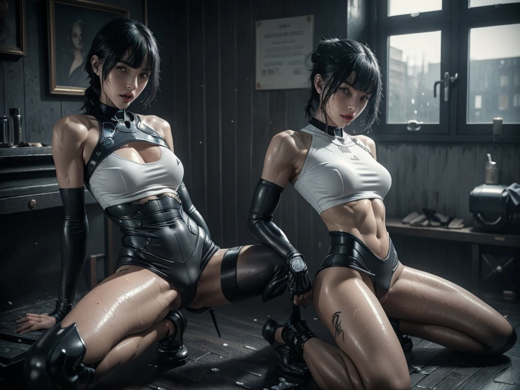 short hair with bangs, ((short skirt)) (((Slutty skintight cybernetic Full AI skin and anatomy))), ((slutty braided hair)), ((She is in your bedroom, slutty )), Perfect back view of her tight butt, full body picture, she is a seductive slut, Perfect proportions, she has a perfect Ass... she wants to put your tiny shrunken body deep inside of her pussy, short hair with bangs and ponytails, beautiful horror, domination, death by pussy insertion, skinny sexy and slutty woman, she needs to have your tiny shrunken body deep inside of her pussy.... she wants you to choke inside of her pussy, she is the embodiment of sexual domination and lust, she is perfect, you are her prey, you are about to die inside of her pussy, small tight ass, giantess domination, human sex toy, helpless, she is a giantess and she wants to use your tiny shrunken body as a human dildo..., perfect anatomy, perfect arms and hands, better detail on her eyes... make her eyes look scary and beautiful, perfect sexy and slutty athletic body, perky nipples, wet, white cum, perfect tight butt, black hair, perfect legs and thighs, tight wet pussy, white dripping cum, ((Perfect eyes and face)), ((closed wet full lips)), ((perfect hands and fingers)), ((( a lot of white cum is dripping out of her pussy))), ((she has a very skinny and toned strong body)), ((makeup)), ((freckles)), ((perfect eyebrows)), ((sharper edges)), ((perfect scary grey eyes)), perfect face, slut, sadistic, predatory, better detail on her skin, perfect face and strong jawline, perfect full wet lips, sadistic atmosphere, wet sweaty skin, beautiful intimidating grey eyes, ((beautiful horror)), better lighting, more toned muscles, perfect detail on her intimidating eyes, very tight underwear, ((tight pussy)), (((tighter clothing))), slutty, intense, perfect detail, ((piercings)), better detail on her bellybutton, skinny, skinny and strong, more skin showing, intense, slutty, freckles, long skinny perfect legs, scary and intense, super slutty