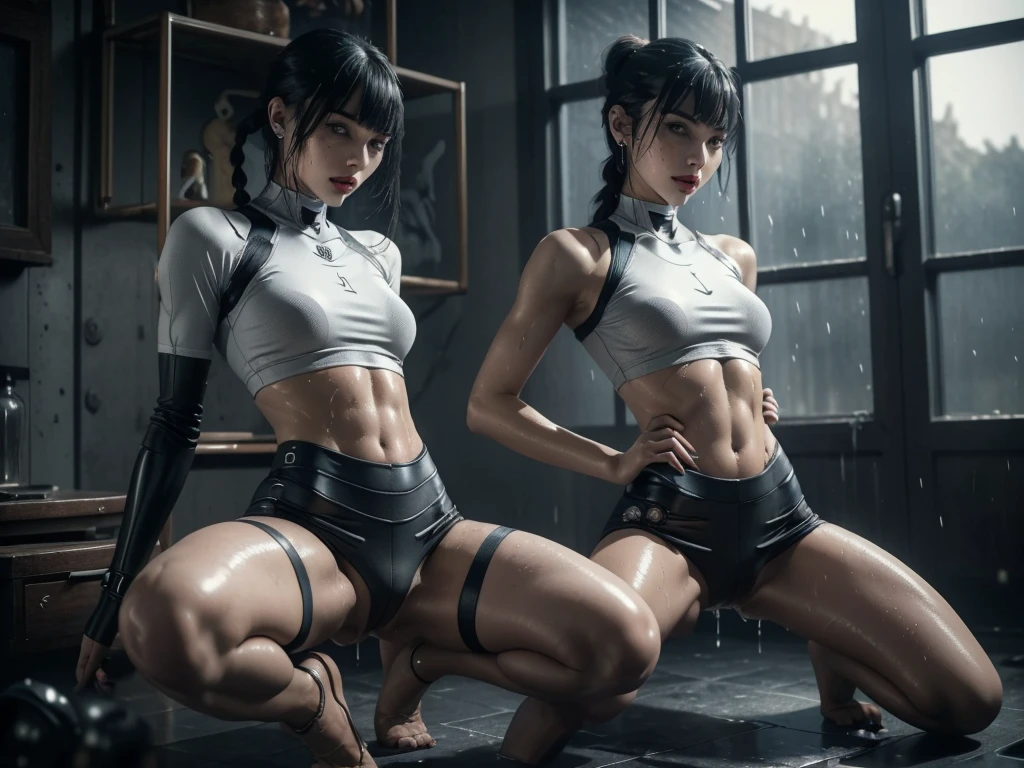 short hair with bangs, ((short skirt)) (((Slutty skintight cybernetic Full AI skin and anatomy))), ((slutty braided hair)), ((She is in your bedroom, slutty )), Perfect back view of her tight butt, full body picture, she is a seductive slut, Perfect proportions, she has a perfect Ass... she wants to put your tiny shrunken body deep inside of her pussy, short hair with bangs and ponytails, beautiful horror, domination, death by pussy insertion, skinny sexy and slutty woman, she needs to have your tiny shrunken body deep inside of her pussy.... she wants you to choke inside of her pussy, she is the embodiment of sexual domination and lust, she is perfect, you are her prey, you are about to die inside of her pussy, small tight ass, giantess domination, human sex toy, helpless, she is a giantess and she wants to use your tiny shrunken body as a human dildo..., perfect anatomy, perfect arms and hands, better detail on her eyes... make her eyes look scary and beautiful, perfect sexy and slutty athletic body, perky nipples, wet, white cum, perfect tight butt, black hair, perfect legs and thighs, tight wet pussy, white dripping cum, ((Perfect eyes and face)), ((closed wet full lips)), ((perfect hands and fingers)), ((( a lot of white cum is dripping out of her pussy))), ((she has a very skinny and toned strong body)), ((makeup)), ((freckles)), ((perfect eyebrows)), ((sharper edges)), ((perfect scary grey eyes)), perfect face, slut, sadistic, predatory, better detail on her skin, perfect face and strong jawline, perfect full wet lips, sadistic atmosphere, wet sweaty skin, beautiful intimidating grey eyes, ((beautiful horror)), better lighting, more toned muscles, perfect detail on her intimidating eyes, very tight underwear, ((tight pussy)), (((tighter clothing))), slutty, intense, perfect detail, ((piercings)), better detail on her bellybutton, skinny, skinny and strong, more skin showing, intense, slutty, freckles, long skinny perfect legs, scary and intense, super slutty