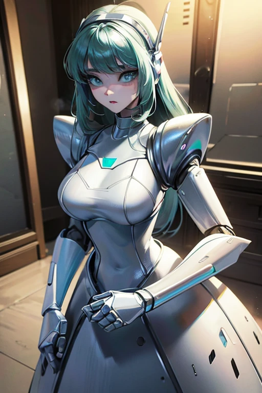 empty eyes,robotized woman ,big bust,Robot Joint ,Metal skin,dress,android,Robot Suit