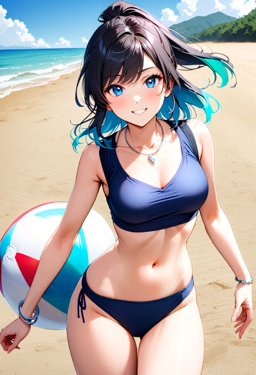 A young woman, 19-years-old, solo, Caucasian, black hair, cyan hair, gradient hair, ponytail, two-tone hair, blue eyes, cheerful smile, mature face, dark blue bikini top, dark blue bikini bottom, midriff, holding a beachball, beach, thin silver necklace, white bracelet, flat stomach