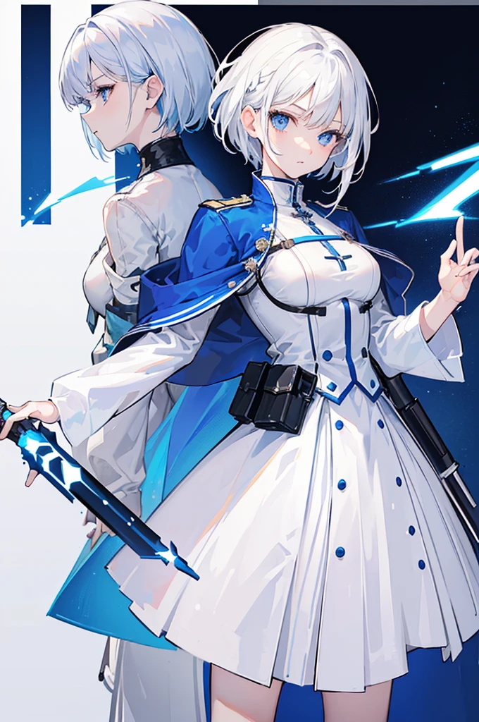 ((masterpiece)),(((best quality))),(character design sheet, same character, front, side, back), 1girl, white hair, short hair, blue eyes, adventurer, (white and blue military uniform, center part white, outer part blue, symetrical, no frills), pleated skirt, thin lightsaber, white background, very detailed eyes, detailed face, 