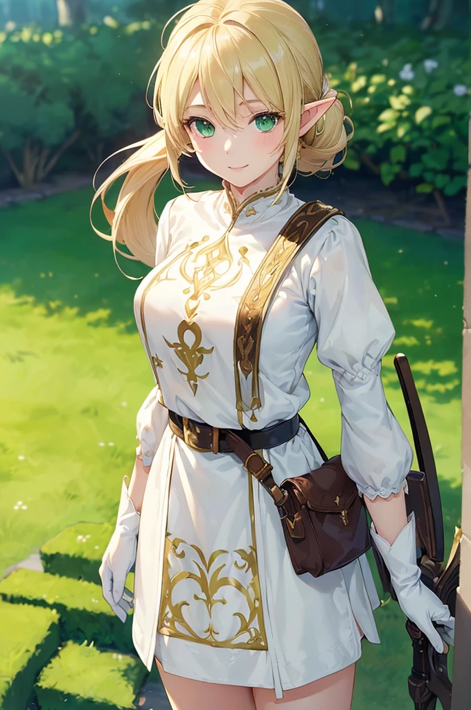 (((masterpiece; best quality: 1.2))), (finely detailed eyes: 1.3), (25 year old elf woman), (solo), (green eyes: 1.4), (body; lithe, fit, femenine: 1.3), (silky blonde hair + low ponytail: 1.3), (beautiful and clear background: 1.2), ((depth of field)), (equipment: adventurer attire + modest + long white tunic-coat + black longskirt + gloves + belt + pouches: 1.3), (anime illustration: 1.2), (background composition; royal garden: 1.1), (extremely fine and beautiful: 1.1), (shot composition; standing + centered on torso + close-up: 1.5), (expression; calm, smile: 1.2)
