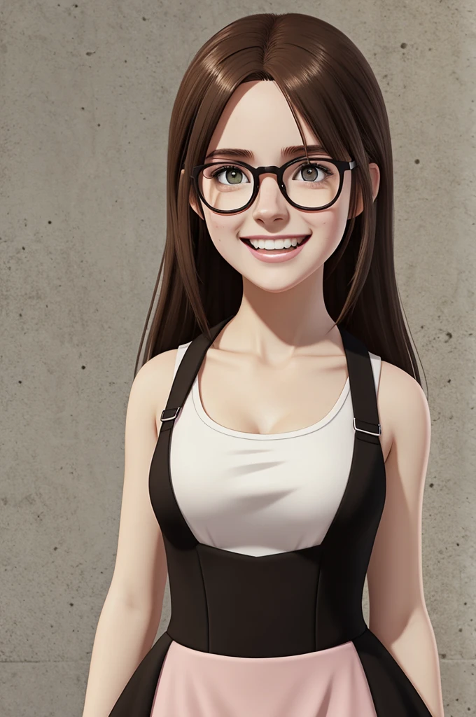 White slim girl with few freckles with light brown hair thick lips with pink glasses with circular face big brown eyes , wearing black dress and laughing, attack on titan animation style