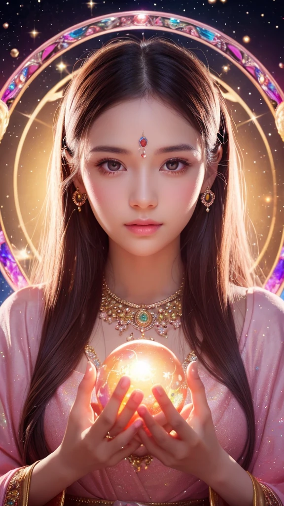Shining young woman adorned with various gems, holding a large crystal ball in both hands, staring straight into the camera, in the center, very bright colors, light particles, shining, Musib, wallpaper art, UHD wallpaper, background pink, divination to meditate, mysterious