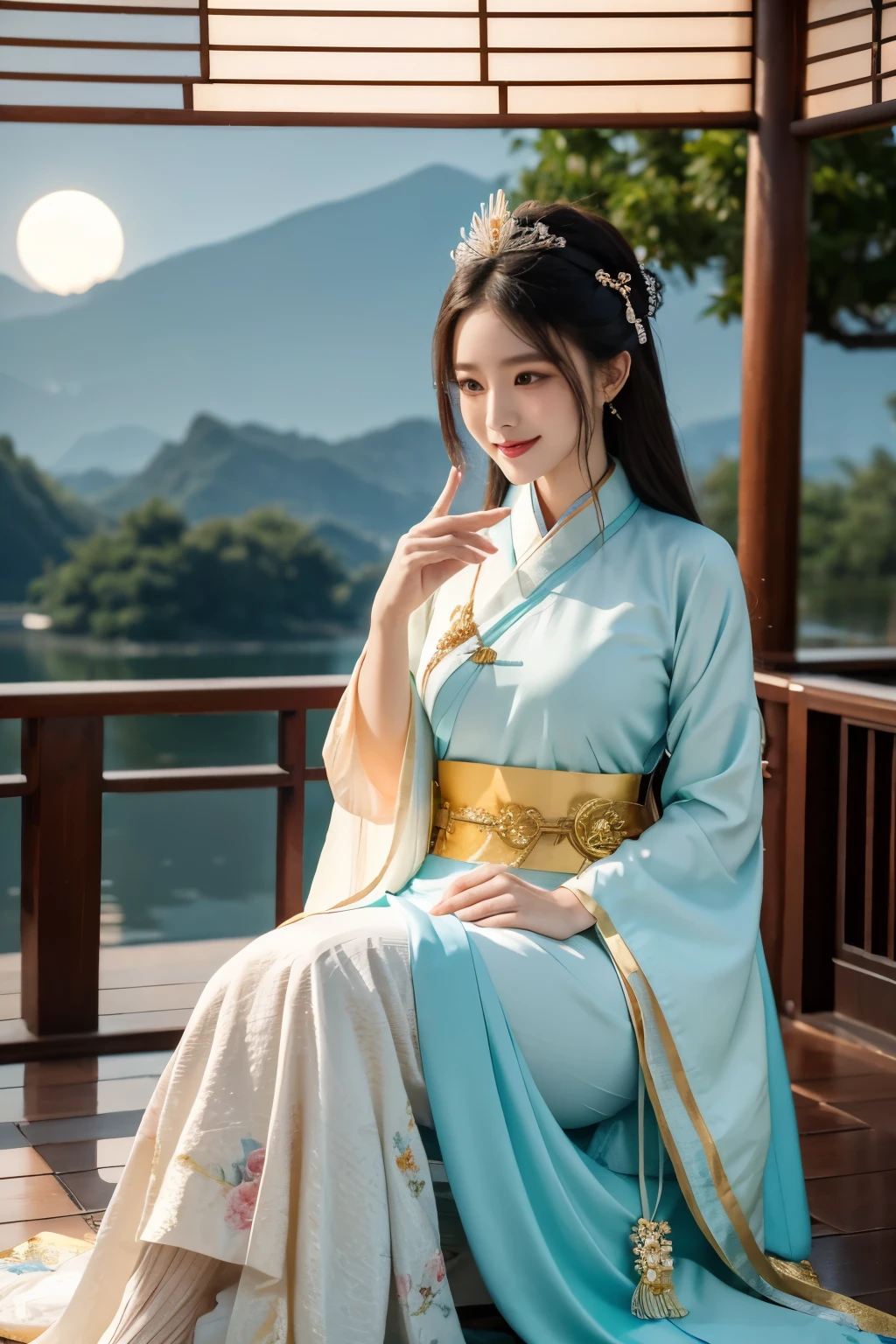 there is a beautiful woman in a colorful dress with a moon in the background, palace, a girl in hanfu, happy smile, wearing ancient chinese clothes, ethereal beauty, inspired by Qiu Ying, white hanfu, inspired by Lan Ying, a beautiful fantasy empress, lunar goddess, a beautiful fantasy empress, ancient chinese princess, inspired by Luo Mu, masterpiece, UHD, 18K.
