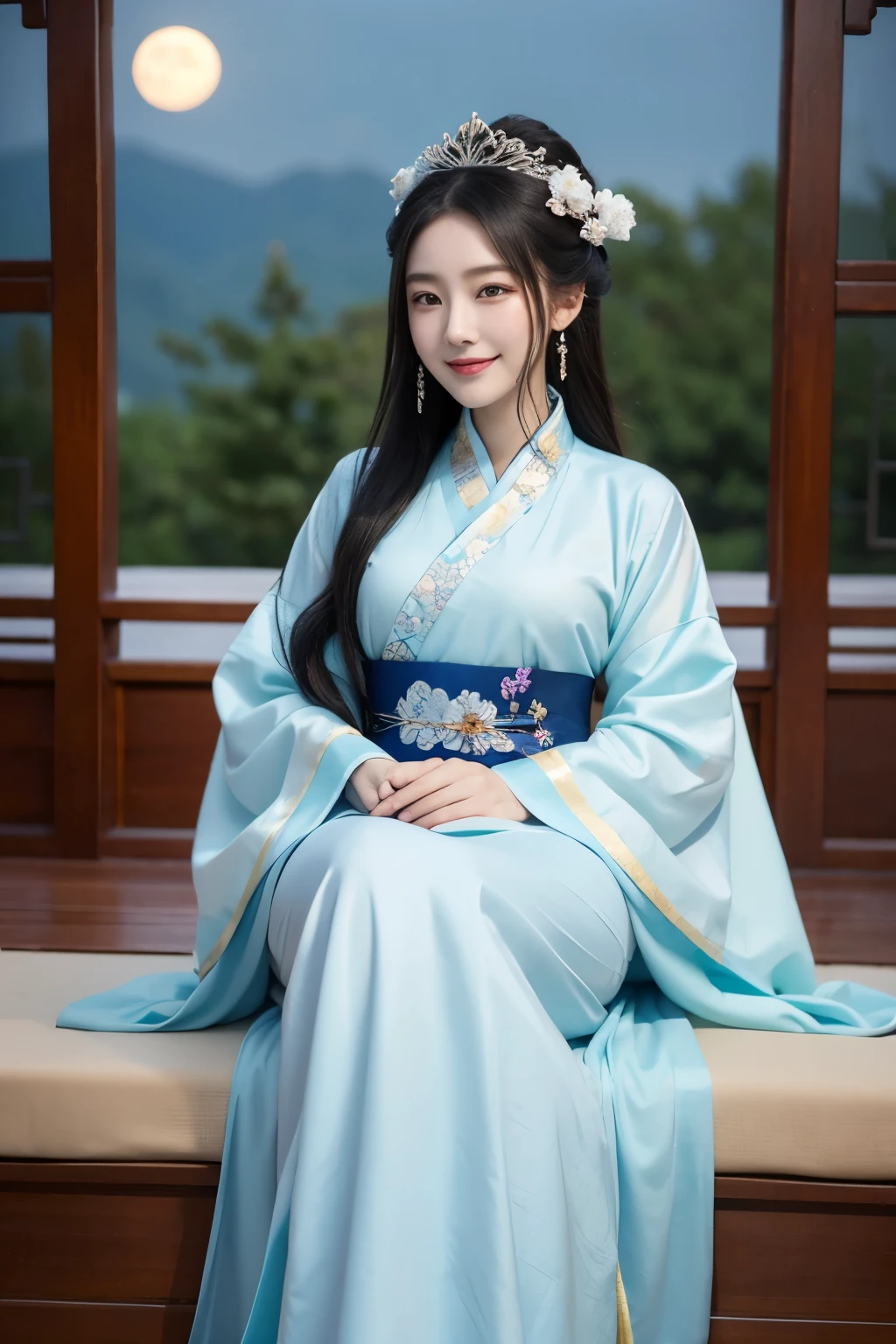 there is a beautiful woman in a colorful dress with a moon in the background, palace, a girl in hanfu, happy smile, wearing ancient chinese clothes, ethereal beauty, inspired by Qiu Ying, white hanfu, inspired by Lan Ying, a beautiful fantasy empress, lunar goddess, a beautiful fantasy empress, ancient chinese princess, inspired by Luo Mu, masterpiece, UHD, 18K.
