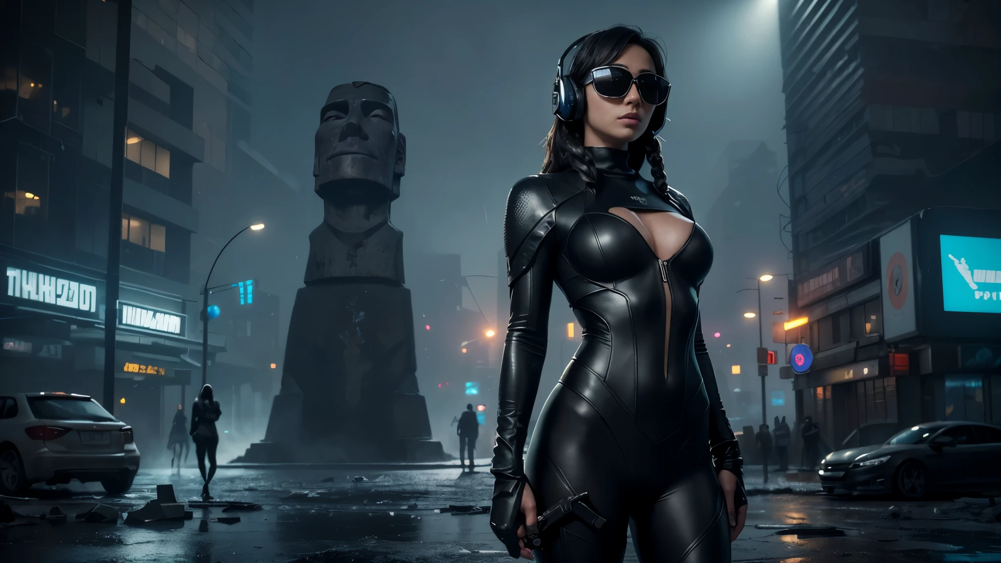 At night, dark sky, gorgeous Woman, (walks In a frozen cyberpunk city in ruins), (Moai-statue). Heavy tropical rain, Head slightly tilted back, leather suit, Distorted Space, Light Shafts, Volumetric Lighting, 4k Rendering, Stock Photo, Realistic Textures, Dramatic Lighting, Unreal Engine. Electric lighting. Windy messy hair. ((1girl, solo, alone)), medium-breast:1.1 slim body, cleavage, (((headphone, black sunglasses))), (((hip-up standing and holding pistol))), (((half-body thigh level medium shot))), cinematic lighting, lens flare, ray tracing.