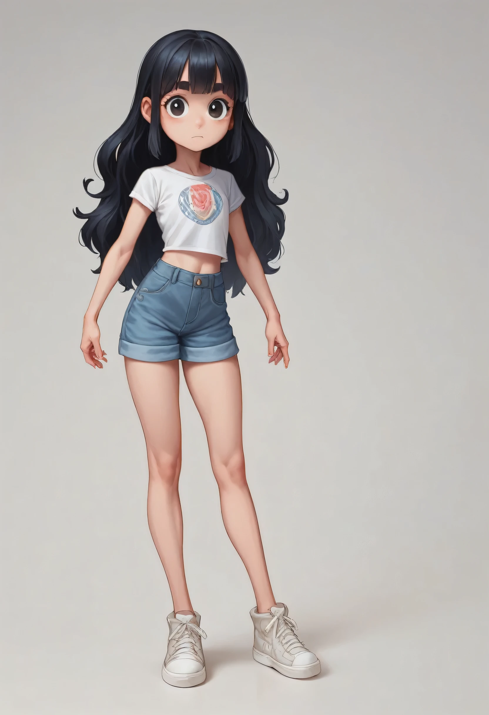 Q version cartoon character model。Full body portrait。Big head and small body。Girl with long black hair.3D Model
