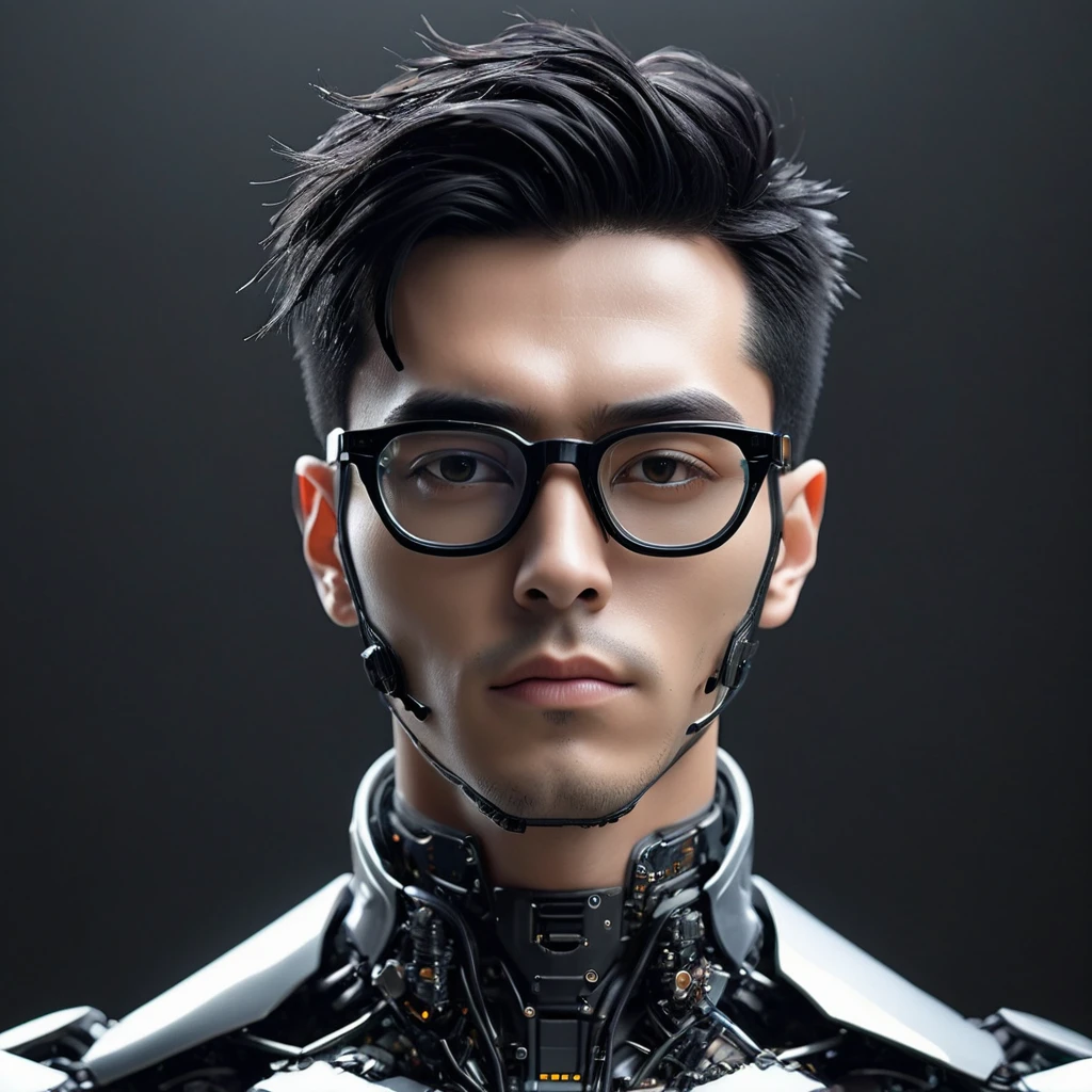 Male robot body hair with black-rimmed glasses with undercut hair, Look to the camera ::futuristic cyberpunk style ,realistic styling ::n_digital painting style, robotic parts, face perfect::seed 1、Black Edged Hair、large nose、Black-based clothing, photo by full body, White background
