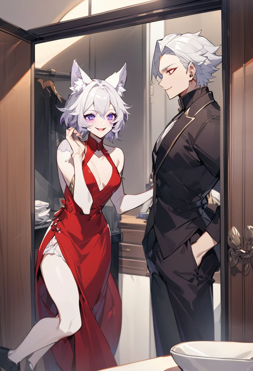 create panel in the art style of mo dao zu shi hybrid character with wolf ears,masculine and dominant gender, short wolfcut white hair , purple raven iris eyes,pale skin, wearing a sexy red dress looking in the mirror of a dressing room alone with a cheerful smile