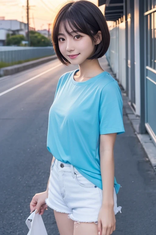 Produce the highest quality and highest resolution 8K images。Please draw the upper body of a 20 year old Japanese woman.。Please draw a picture of a walk along a seaside road at sunset.。She has brown eyes and a model-like figure、She has an idol-level cute face.。Hair is bob cut。she、I'm smiling at the camera。What to wear、Light blue short sleeve T-shirt and white shorts。Skin has a healthy color。